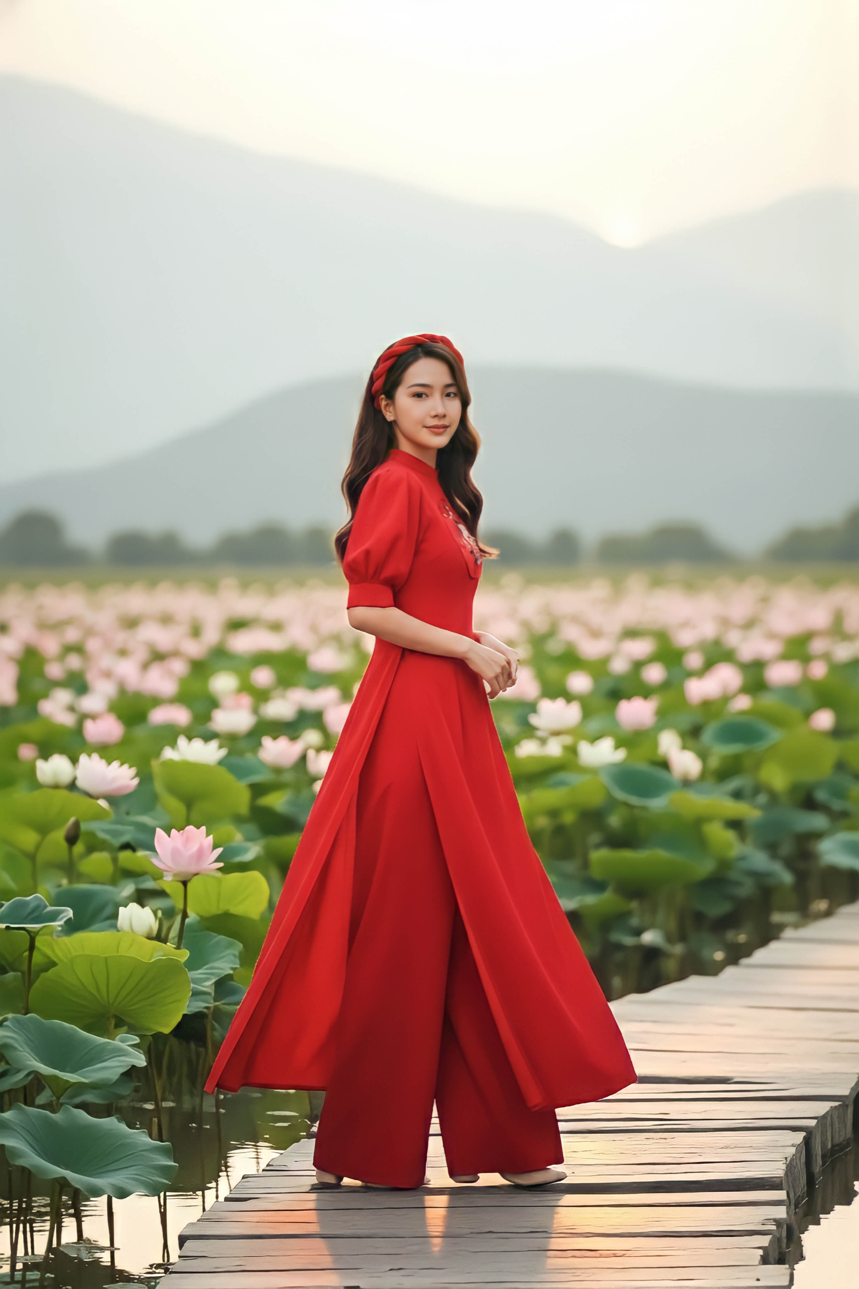 Áo dài cổ tàu tay xếp li thêu thủ công