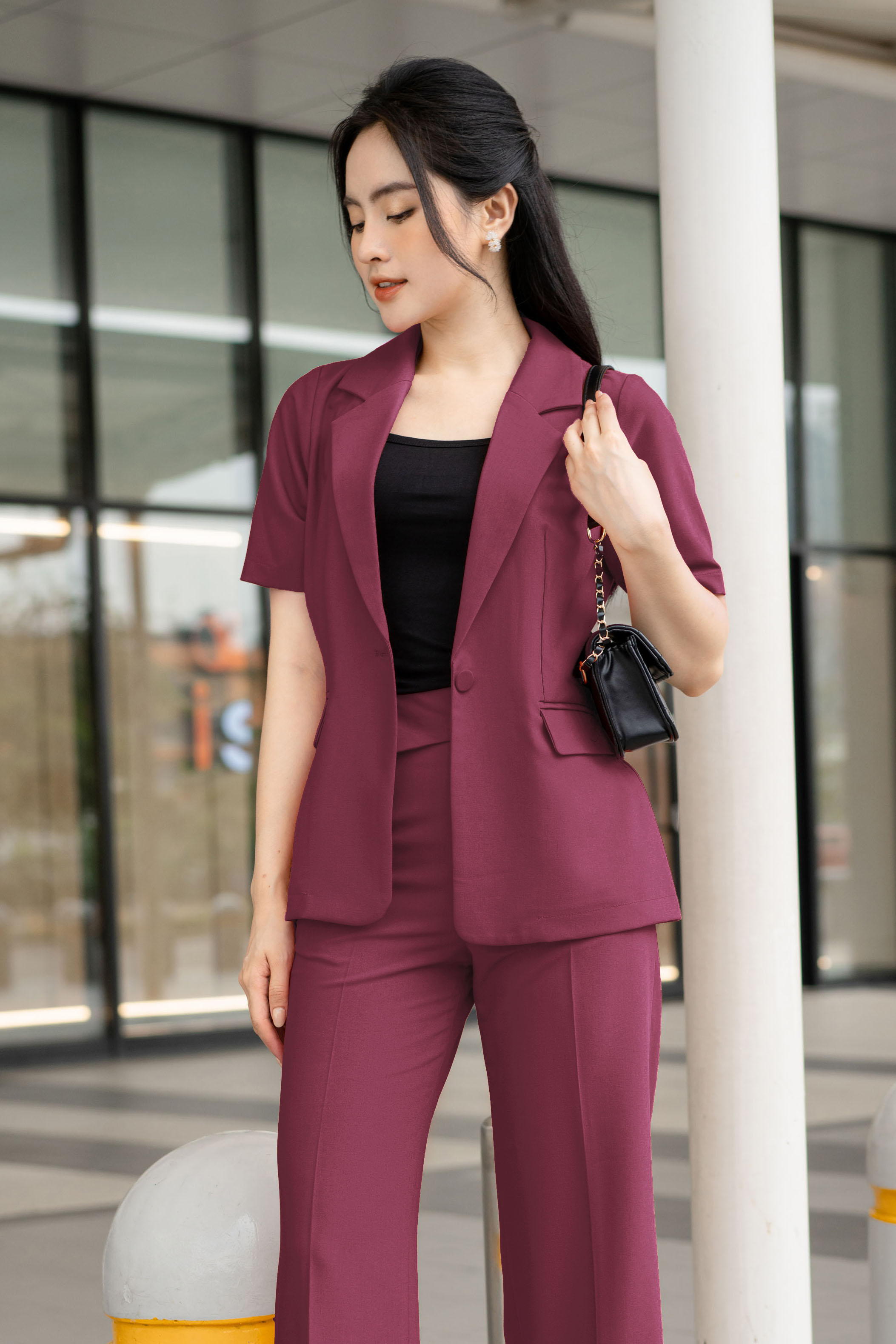 Áo Blazer một lớp cổ K, tay cộc