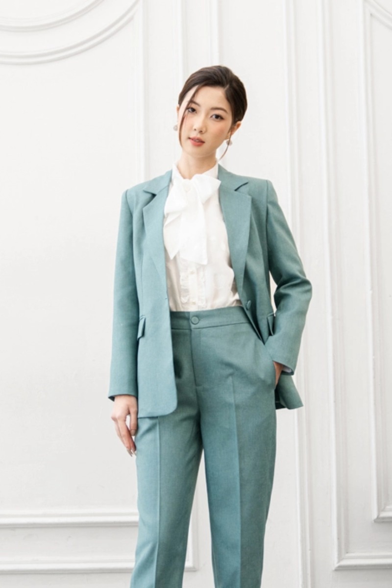 Áo khoác blazer nữ dài tay 1 lớp dầy dặn AB876, thiết kế áo cổ vest túi hộp  2 cúc giả gỗ tay pha kẻ sọc Style Hàn Quốc - Áo vest,