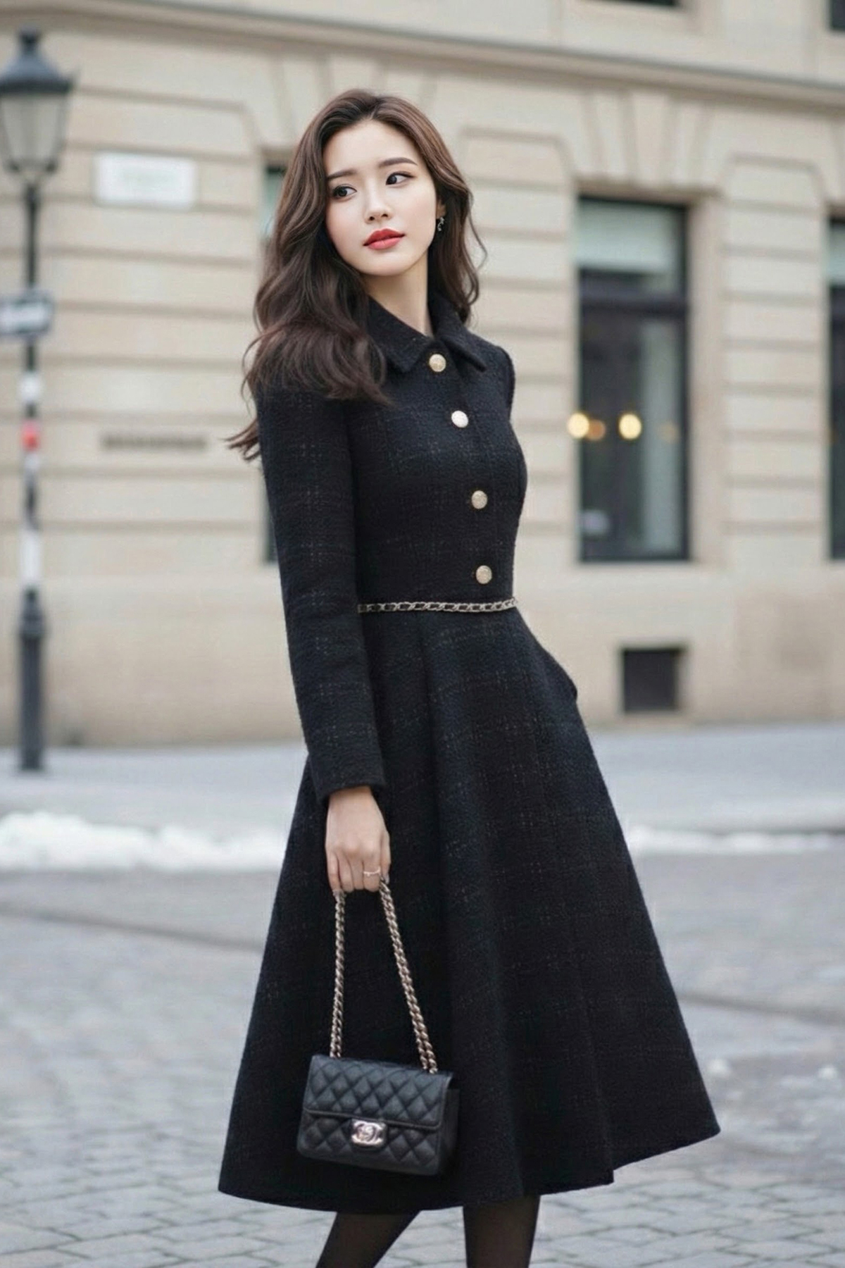 Váy dạ tweed dáng xòe dài tay cổ đức