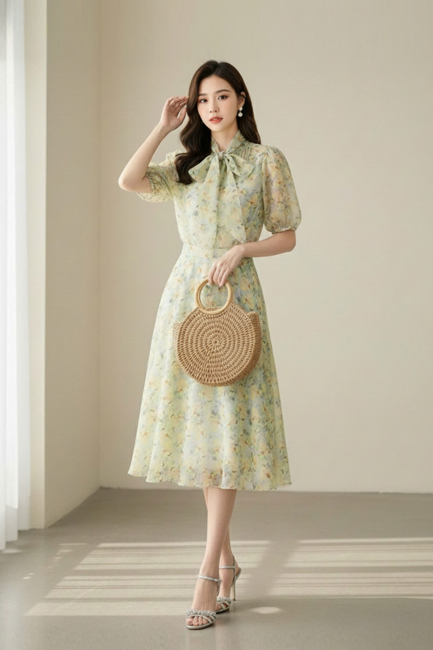 Set áo sơ mi kiểu cổ thắt nơ & Chân váy dài xoè rủ