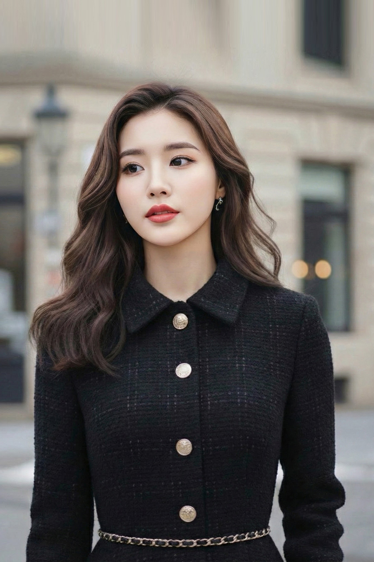 Váy dạ tweed dáng xòe dài tay cổ đức