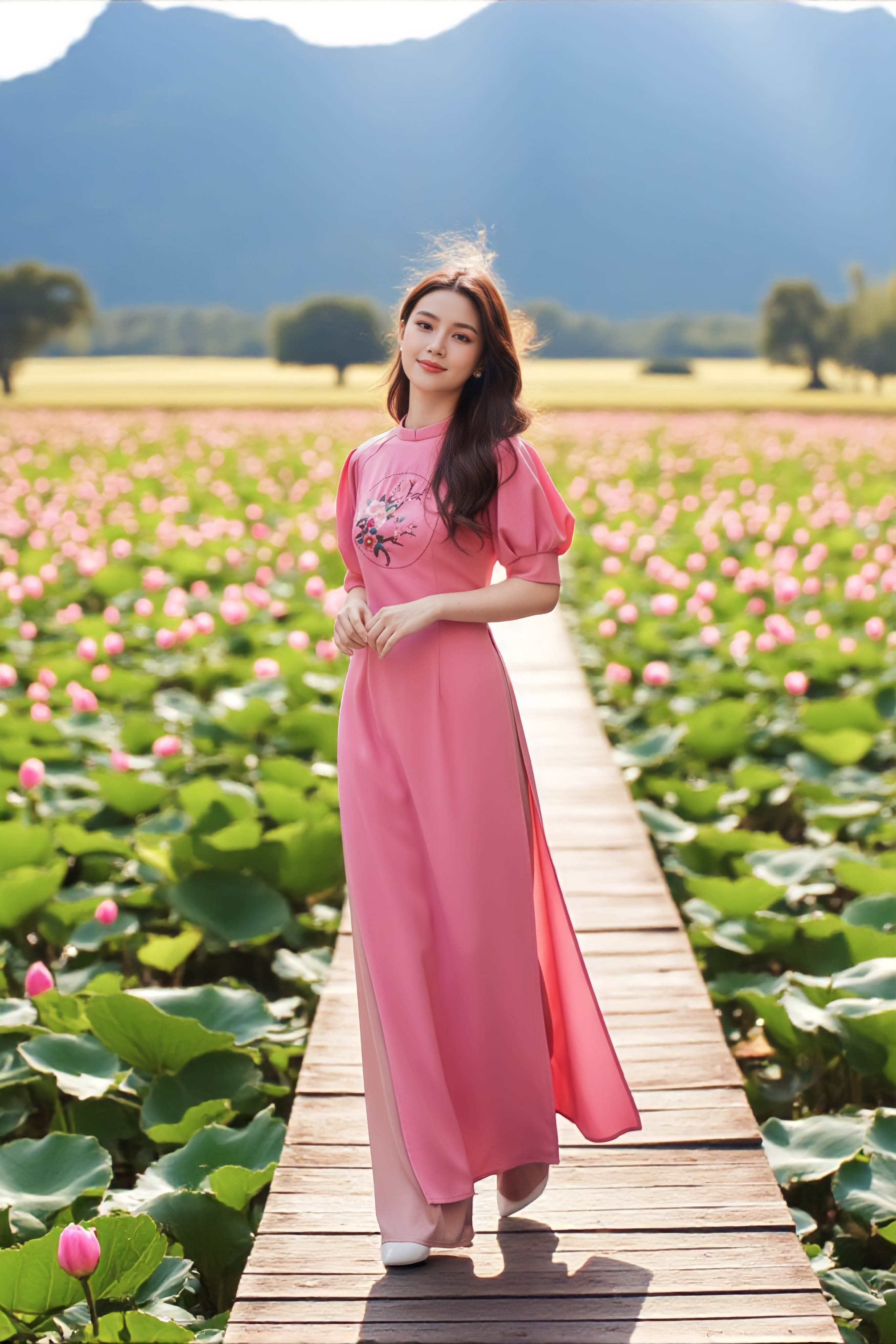 Áo dài cổ tàu tay xếp li thêu thủ công