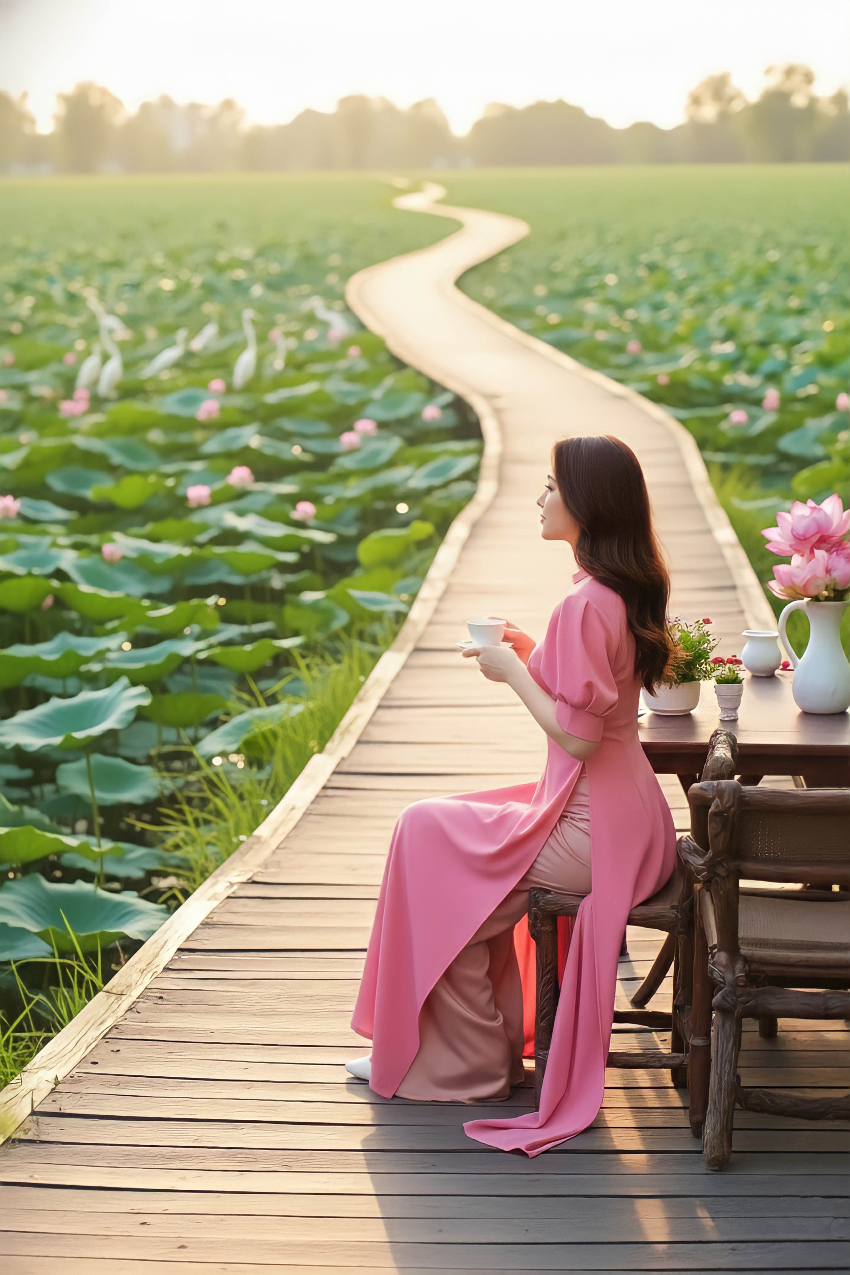 Áo dài cổ tàu tay xếp li thêu thủ công