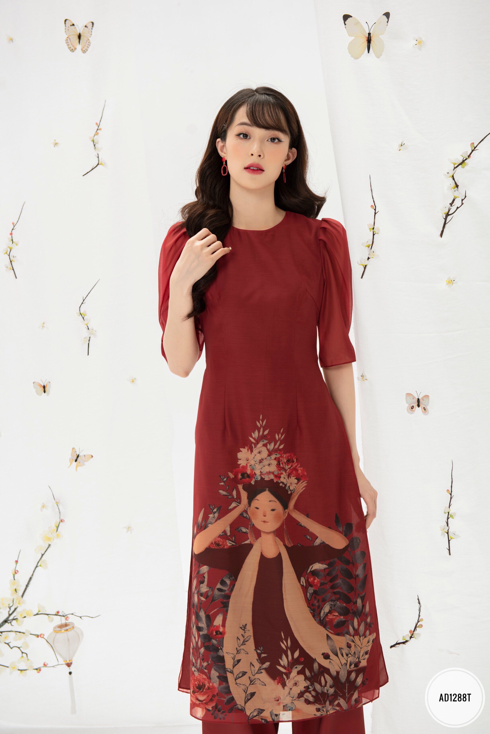 Sét áo dài tay bồng in hình cô gái quàng khăn vải tơ