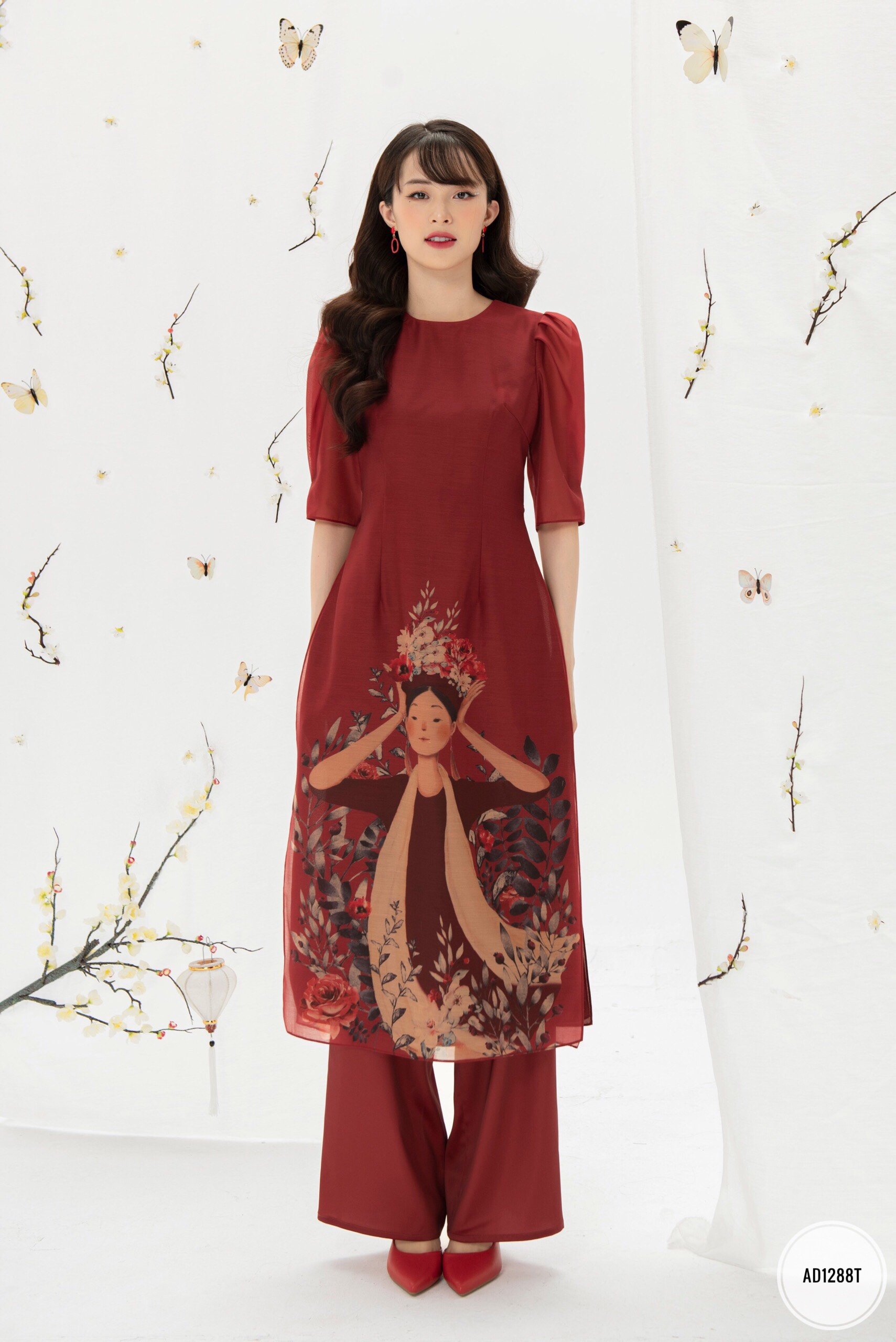 Sét áo dài tay bồng in hình cô gái quàng khăn vải tơ