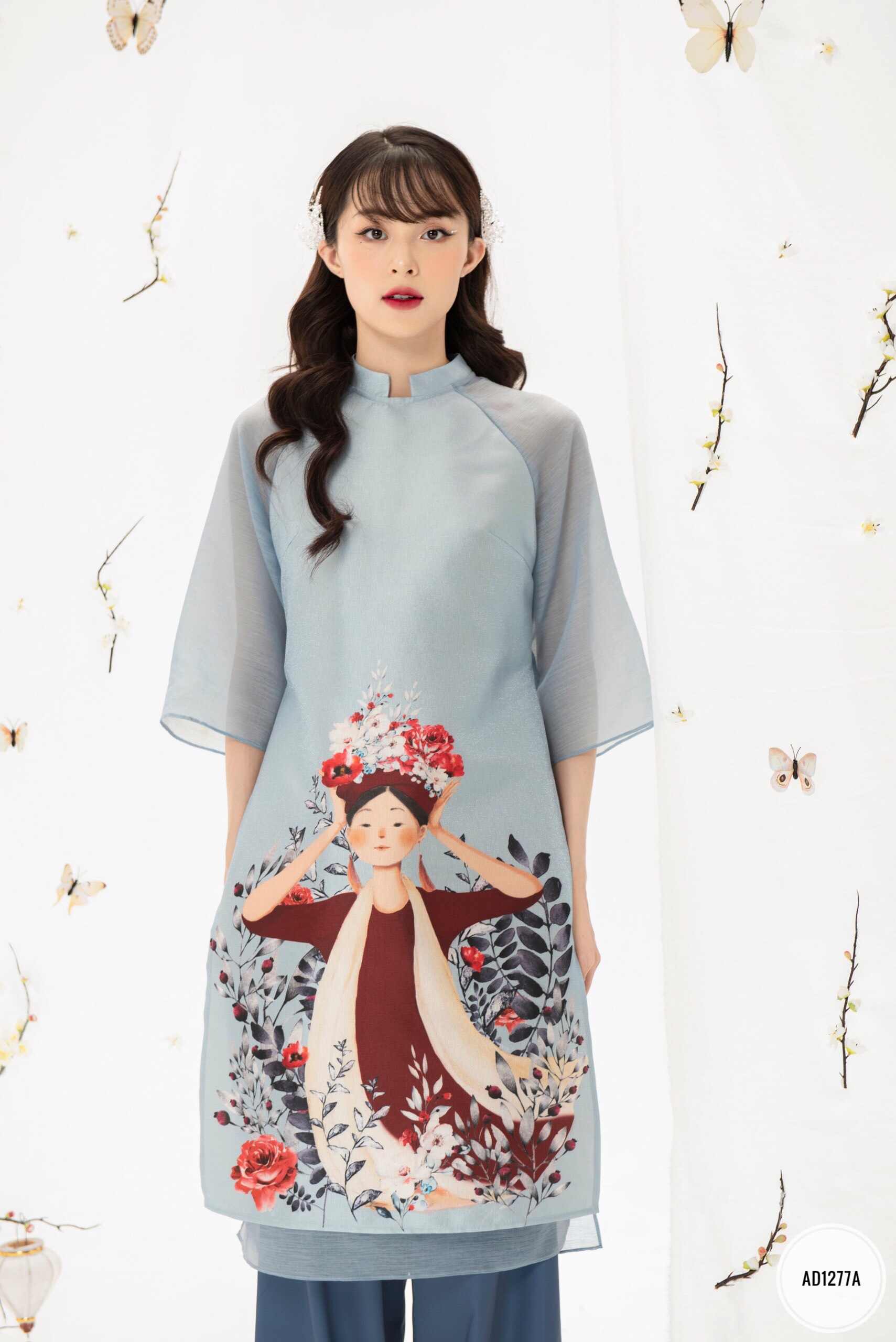 Sét áo dài in hình cô giá đội hoa