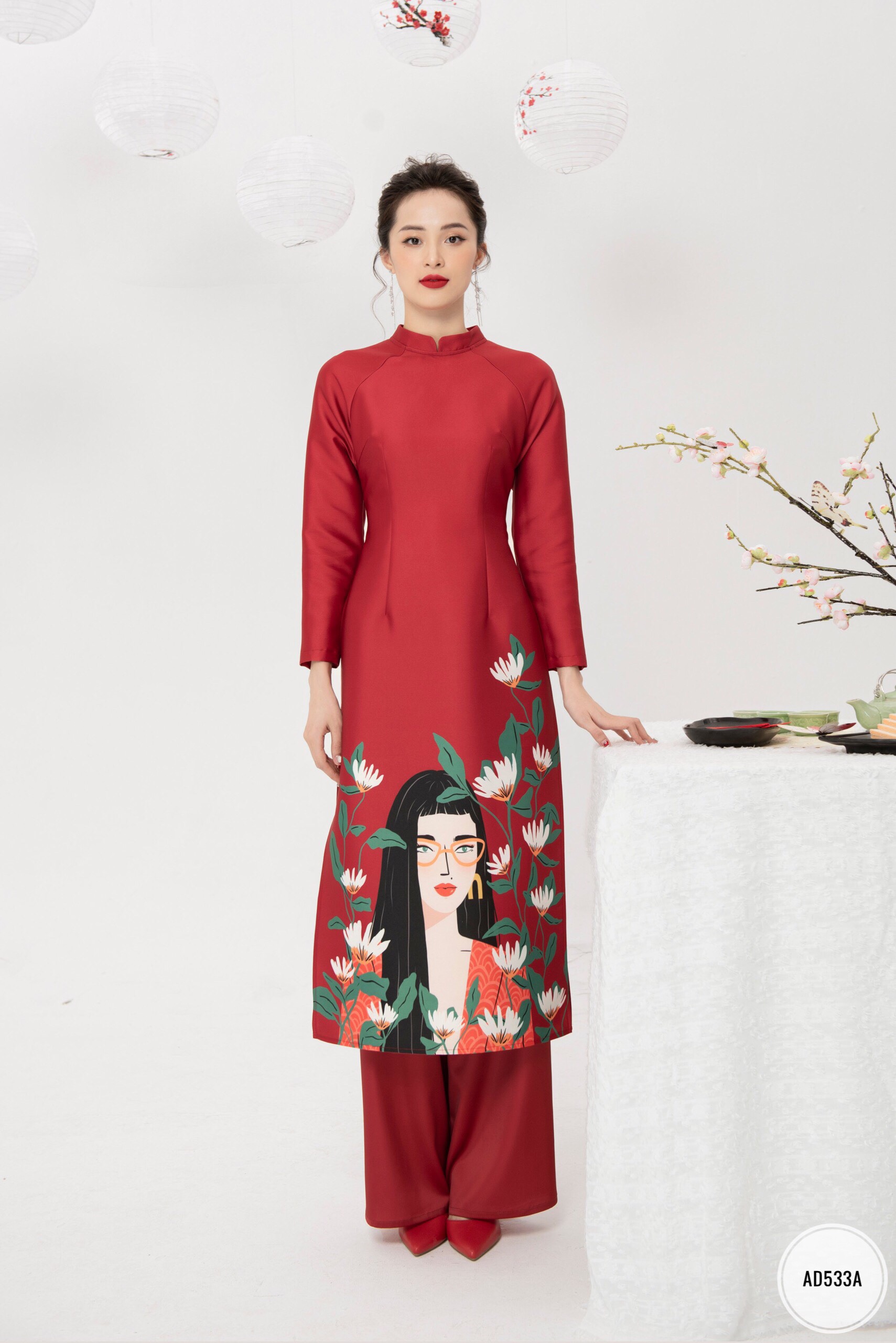 Sét áo dài in hình cô gái đeo kính vải Taffa