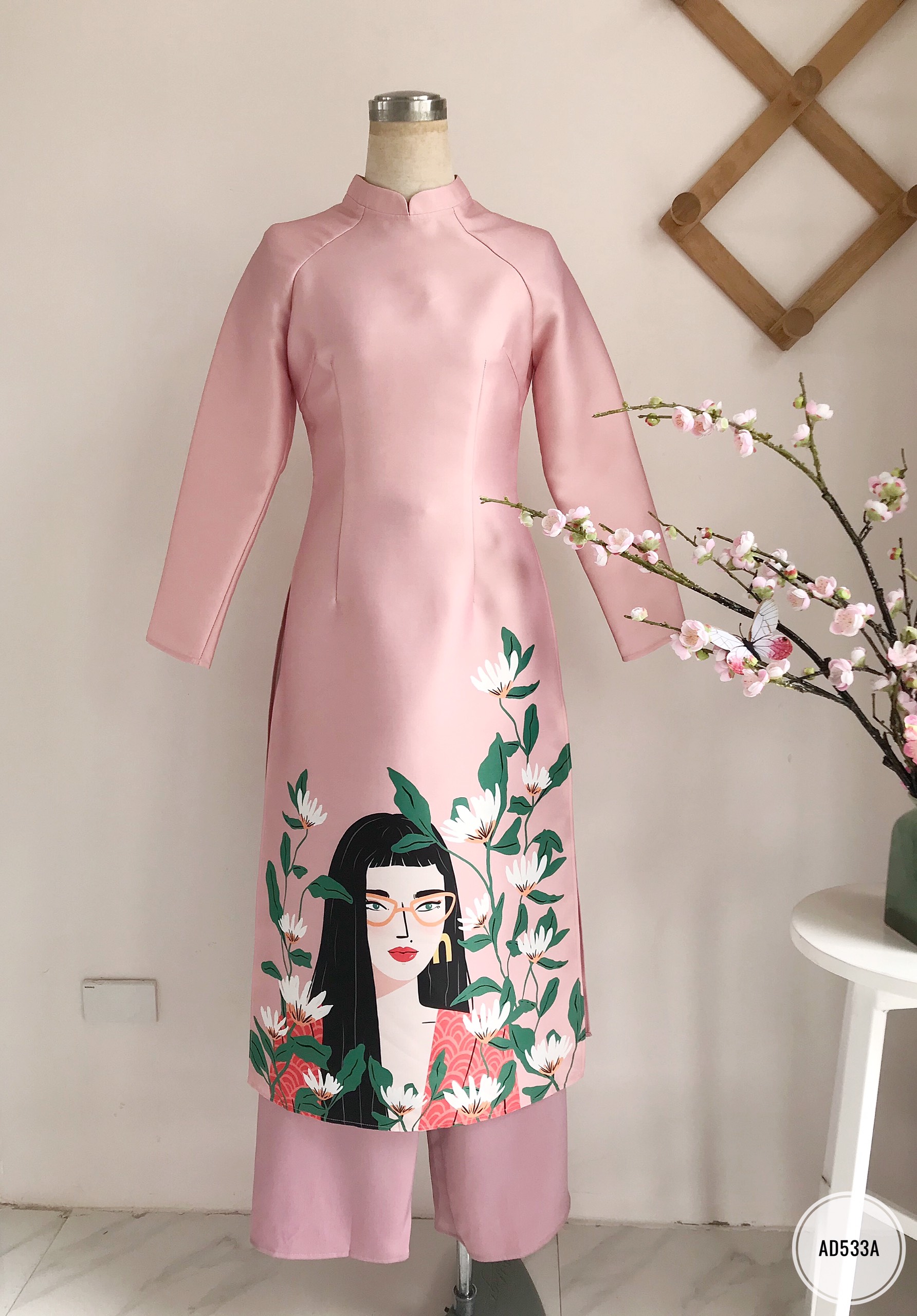 Sét áo dài in hình cô gái đeo kính vải Taffa