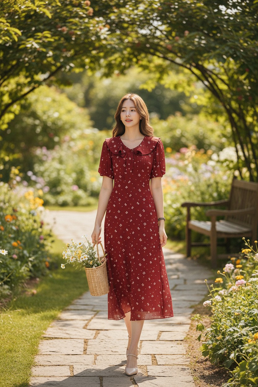 Váy hoa tay bồng, cổ bèo thắt nơ