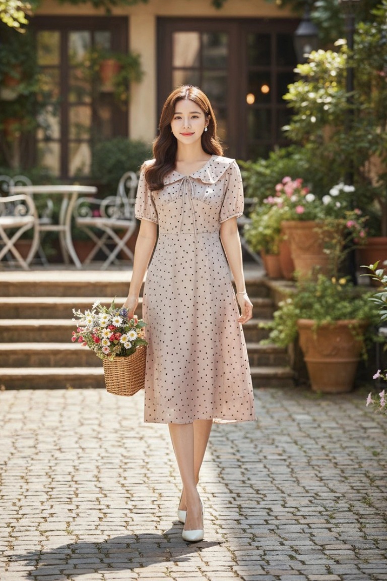 Váy hoa tay bồng, cổ bèo thắt nơ