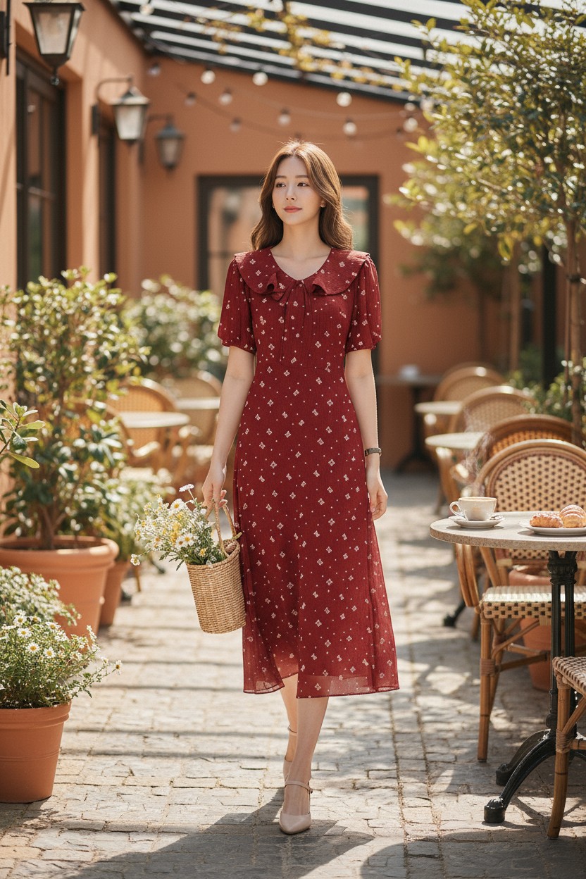 Váy hoa tay bồng, cổ bèo thắt nơ