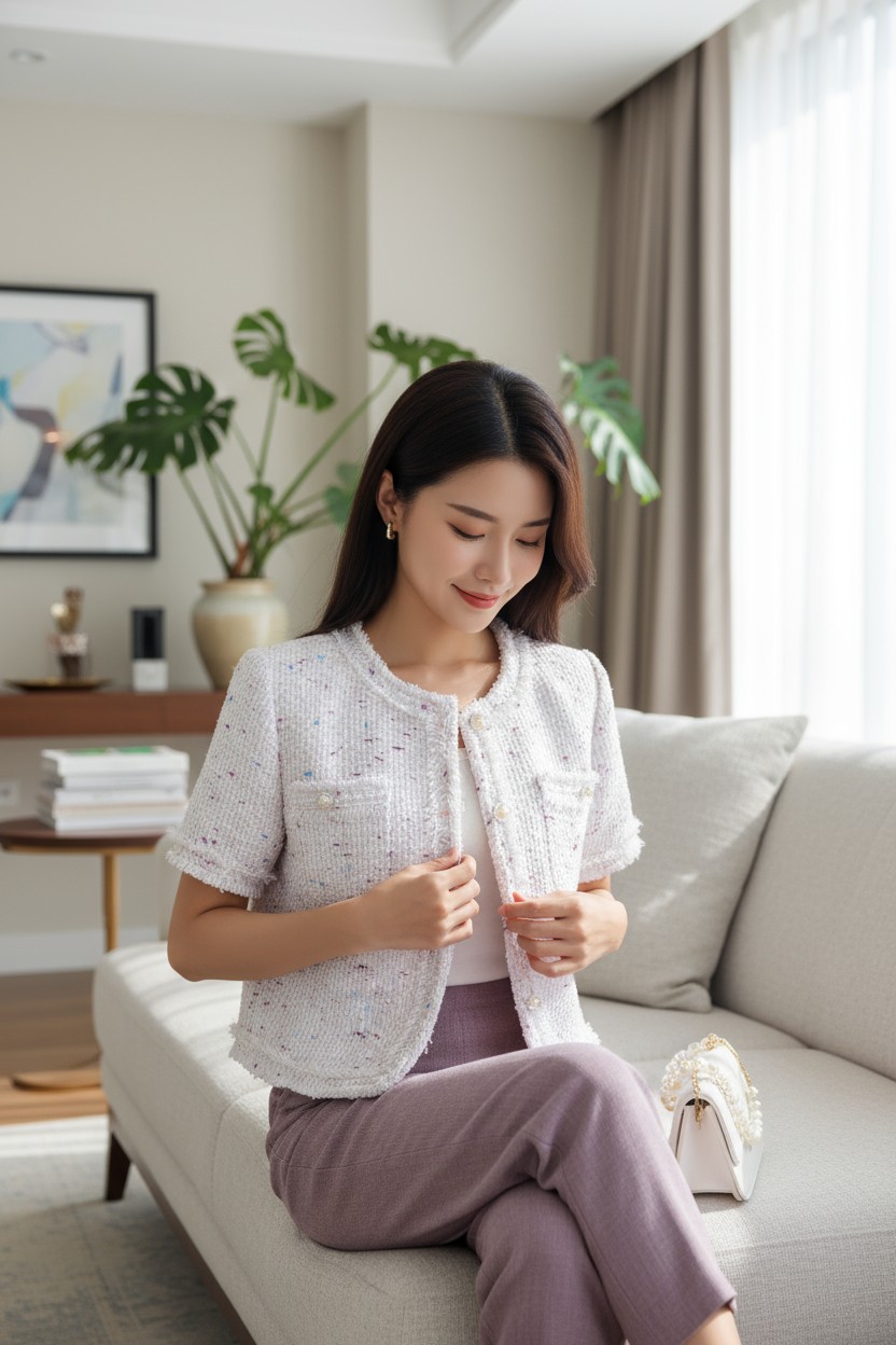 Áo tweed cổ tròn nẹp rút rua, túi ngực