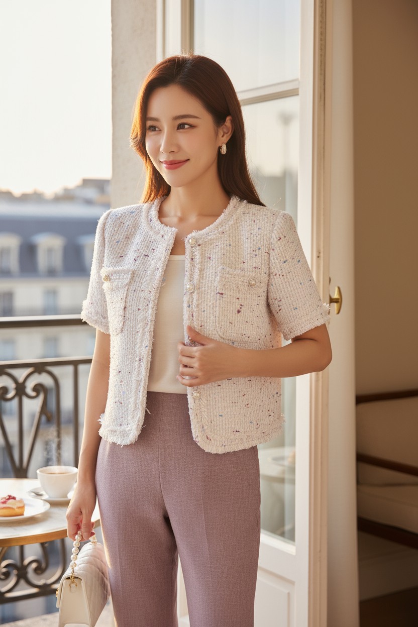 Áo tweed cổ tròn nẹp rút rua, túi ngực