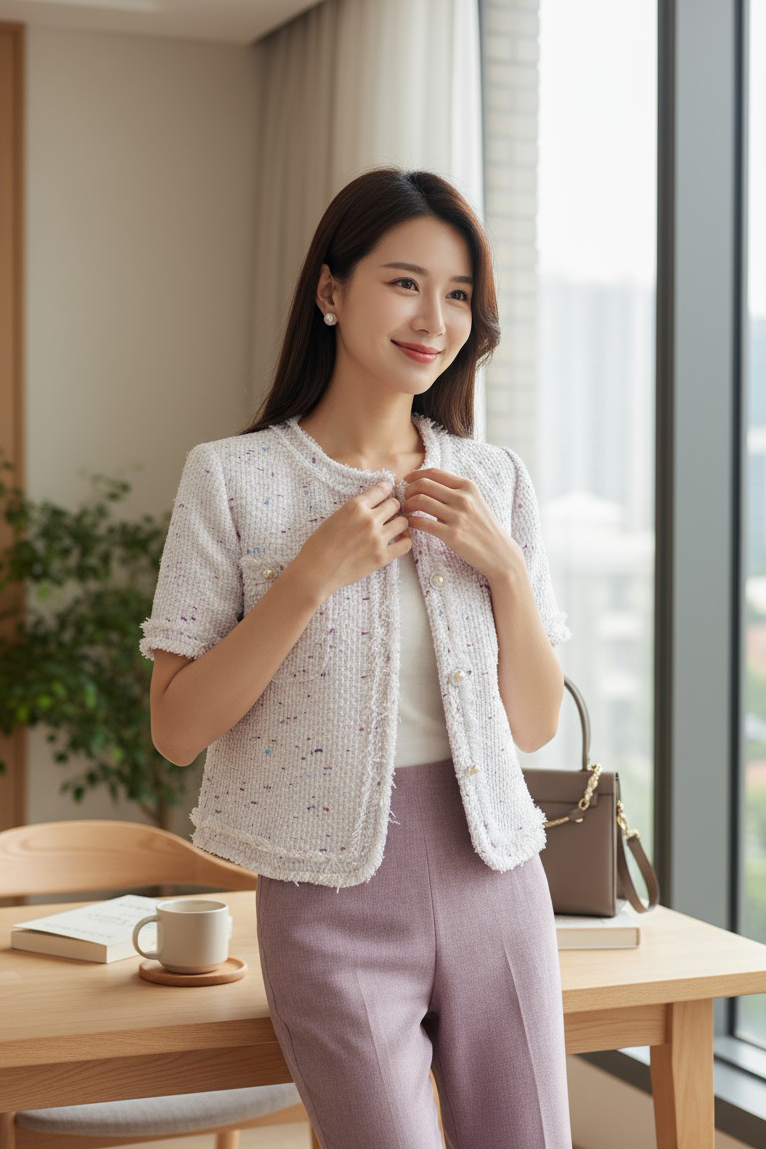 Áo tweed cổ tròn nẹp rút rua, túi ngực