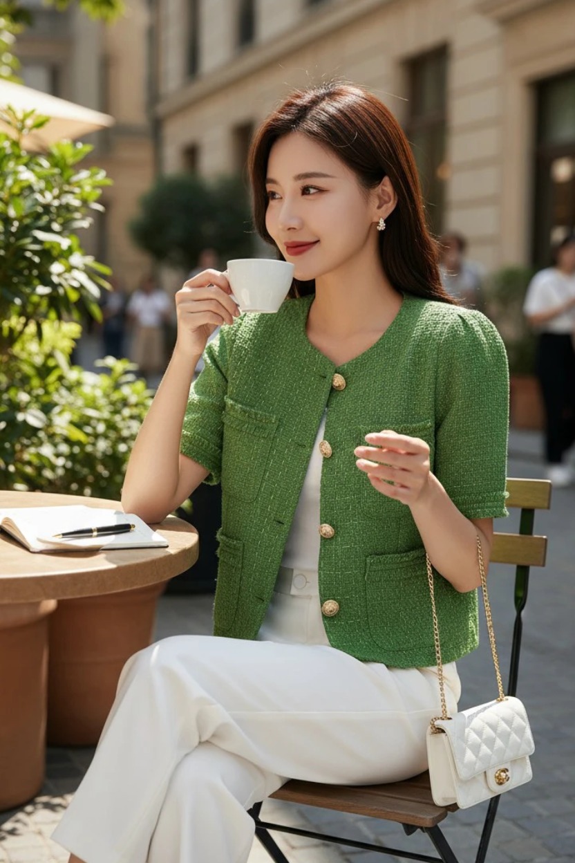 Áo tweed cổ tròn cài cúc túi ốp ngực rút tua