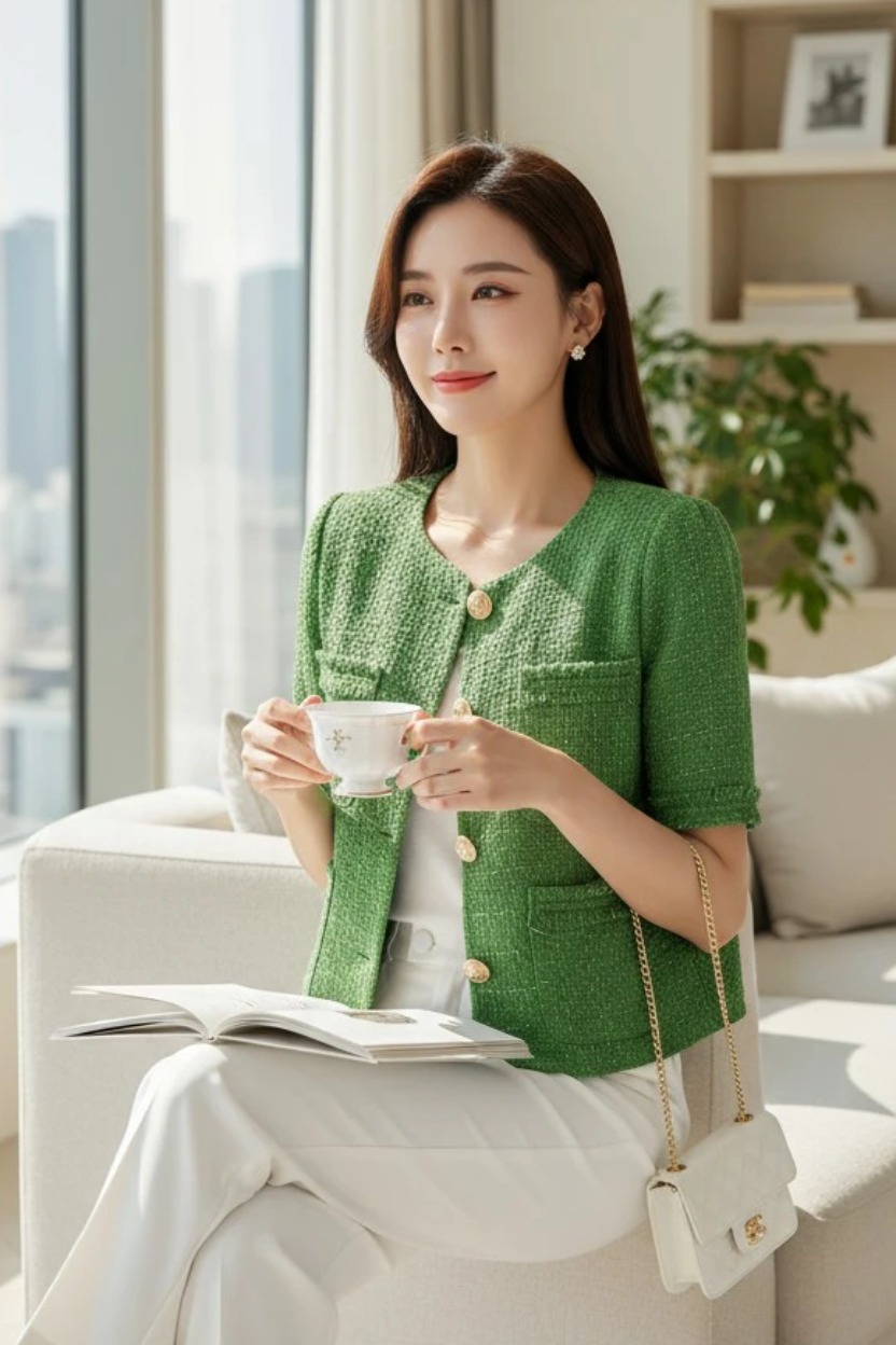 Áo tweed cổ tròn cài cúc túi ốp ngực rút tua