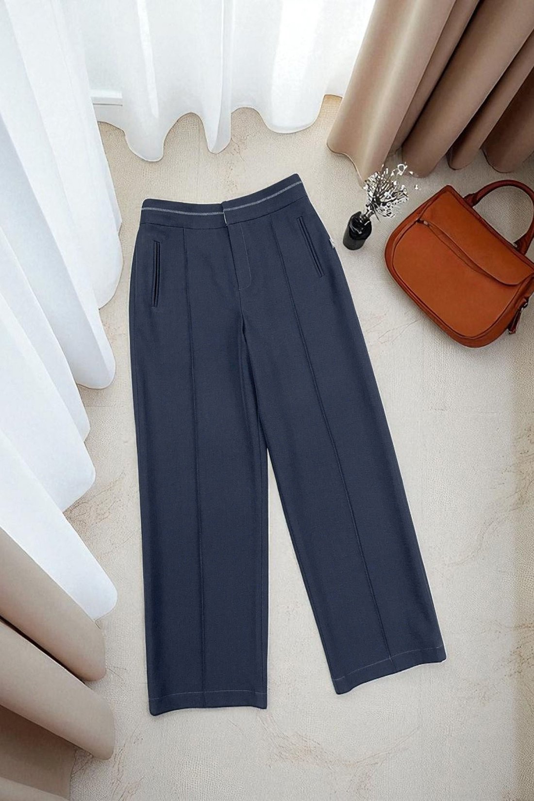 Quần suông khuy cài cạp diễu ziczac