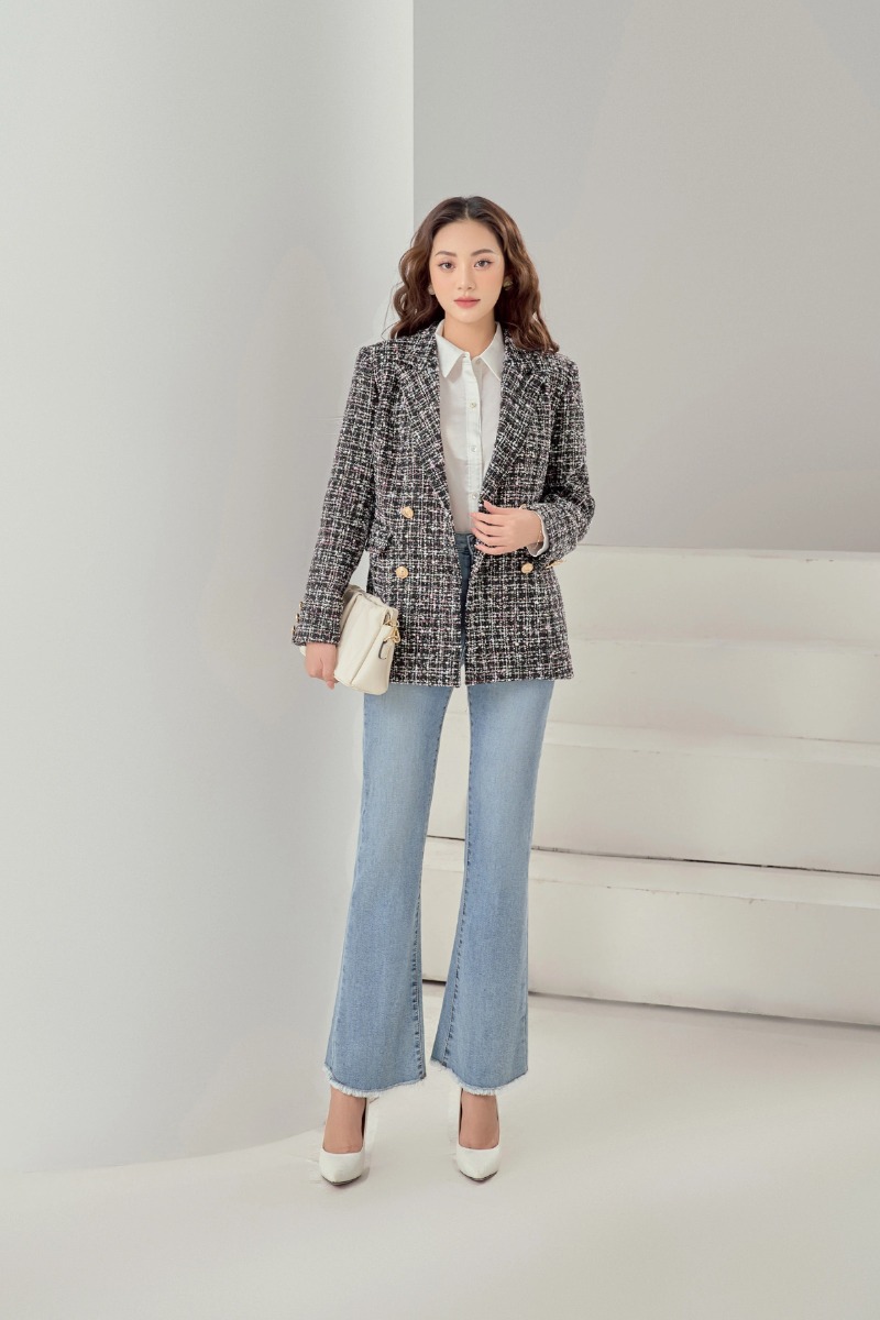 Áo tweed vest cổ bẻ 2 hàng cúc dáng dài