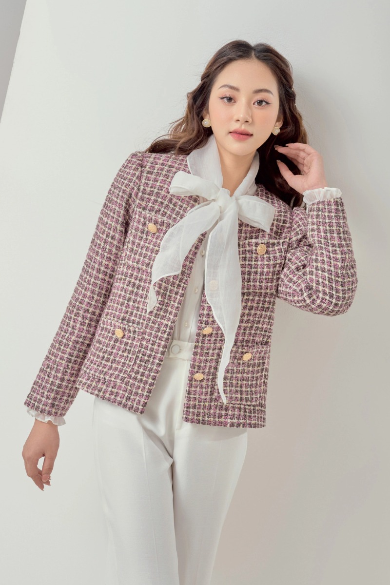 Áo tweed cổ tim cài cúc tay bồng túi ốp