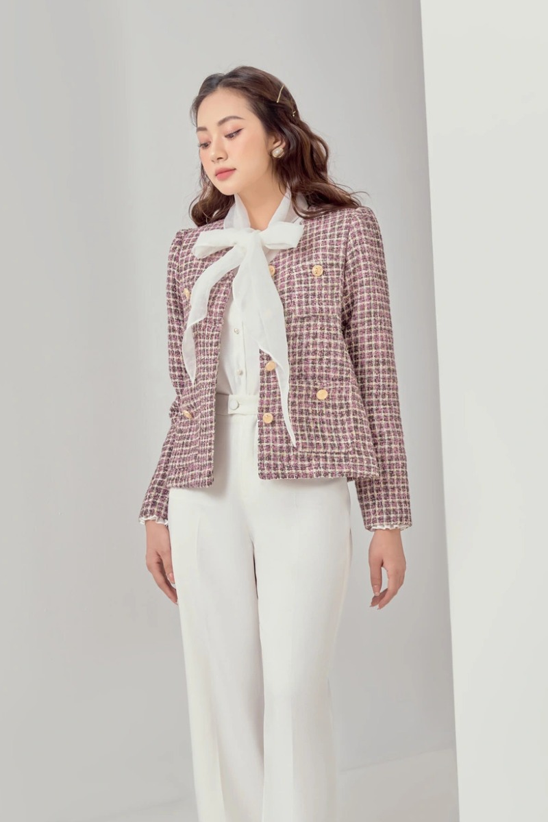 Áo tweed cổ tim cài cúc tay bồng túi ốp