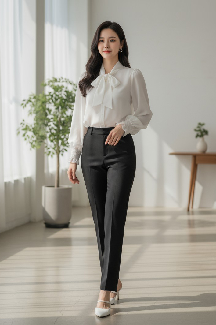 Áo sơ mi dáng suông nơ cổ, tay dài bồng