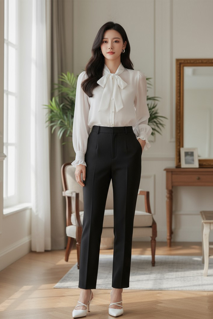 Áo sơ mi dáng suông nơ cổ, tay dài bồng