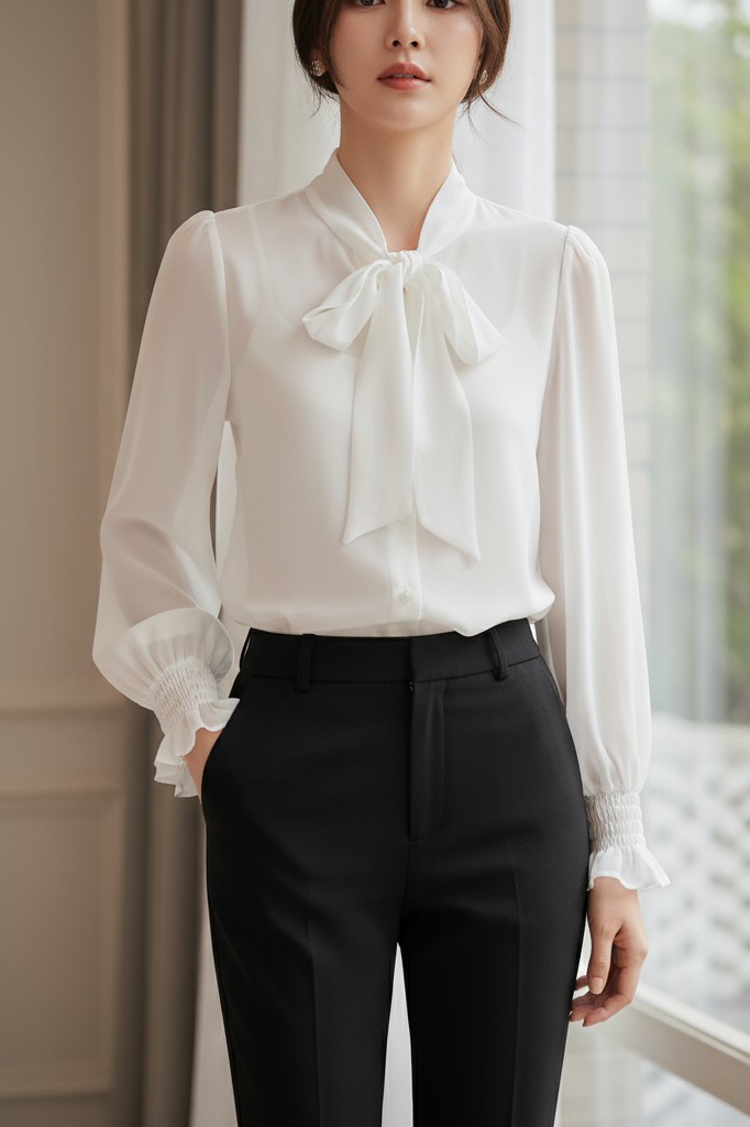 Áo sơ mi dáng suông nơ cổ, tay dài bồng