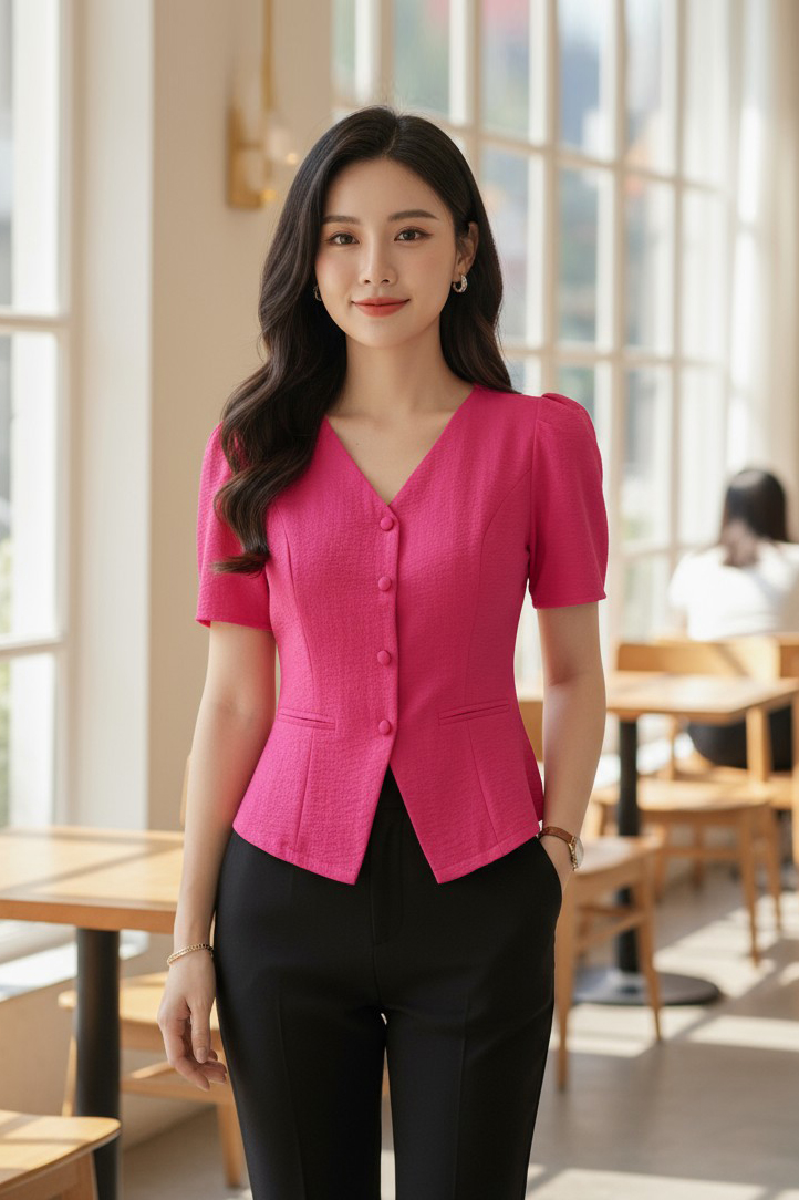 Áo sơ mi cổ tim tay bồng