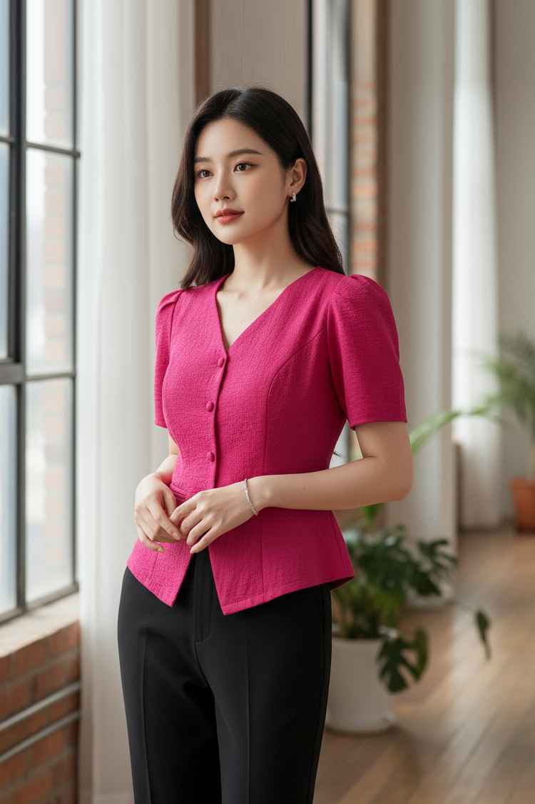 Áo sơ mi cổ tim tay bồng