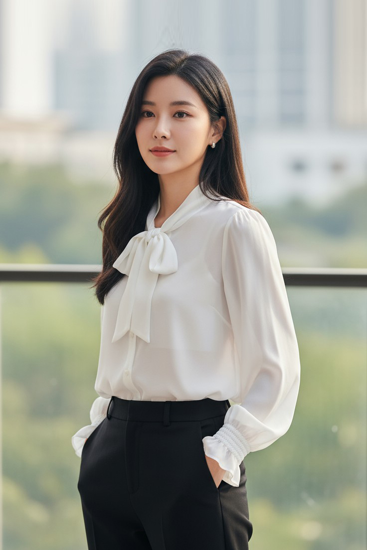 Áo sơ mi dáng suông nơ cổ, tay dài bồng