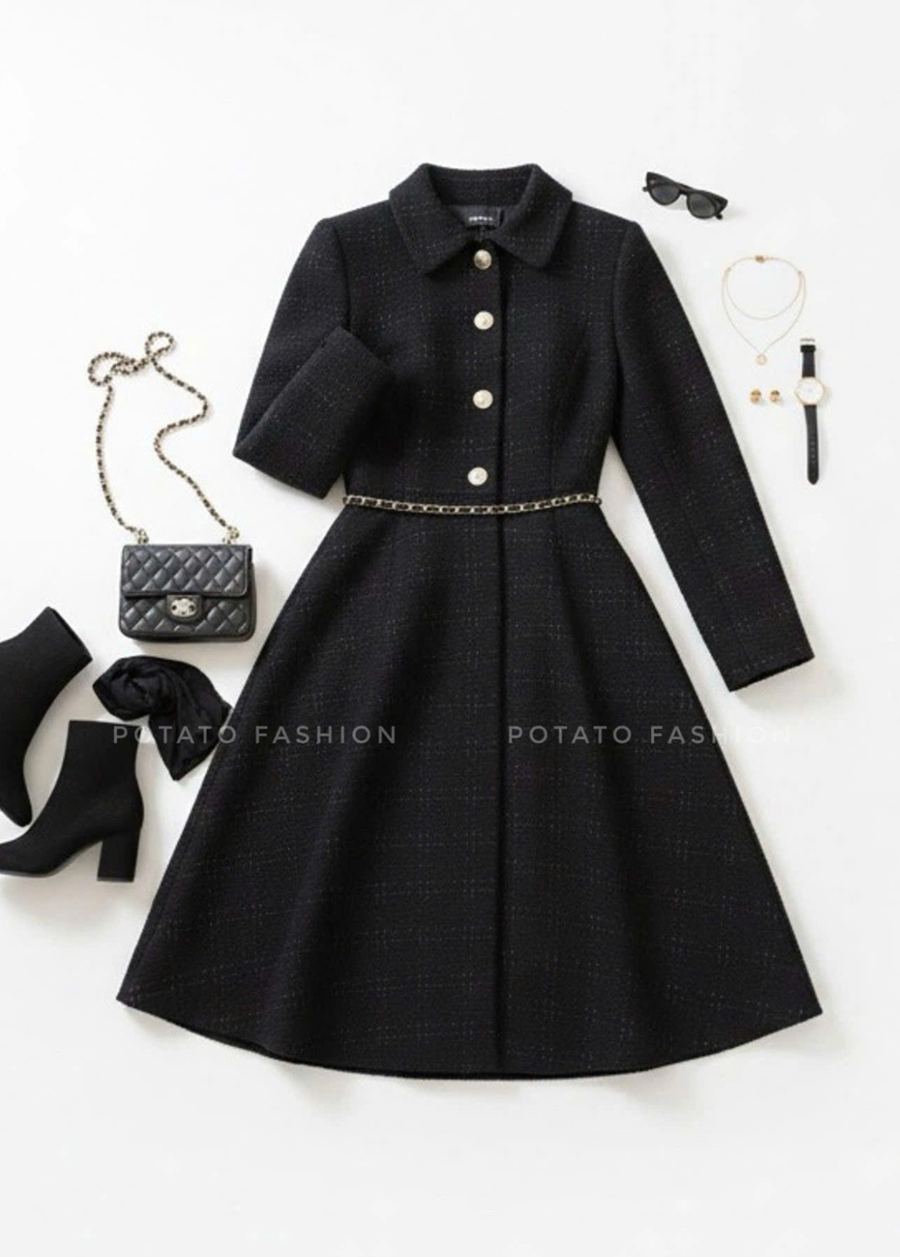 Váy dạ Tweed dáng xòe dài tay cổ đức