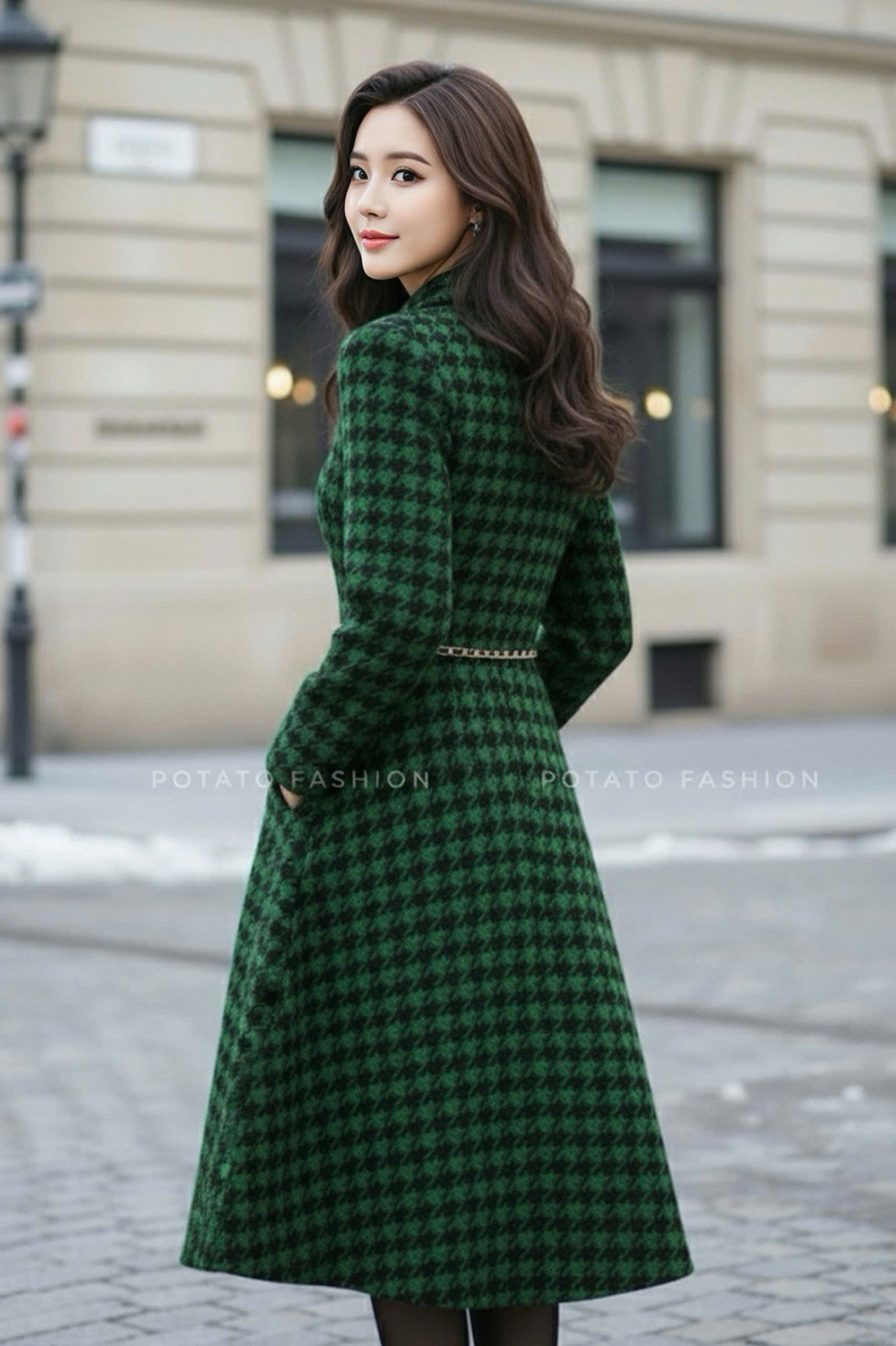 Váy dạ tweed dáng xòe dài tay cổ đức