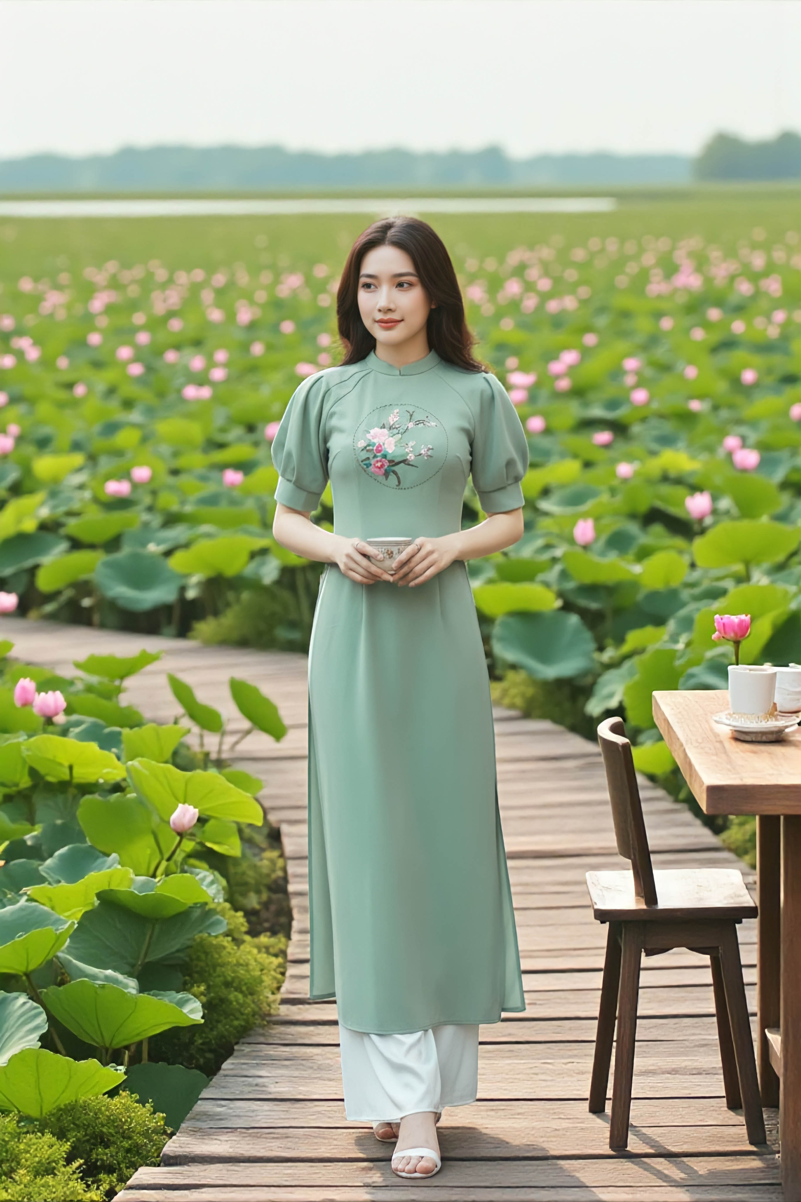 Áo dài cổ tàu tay xếp li thêu thủ công