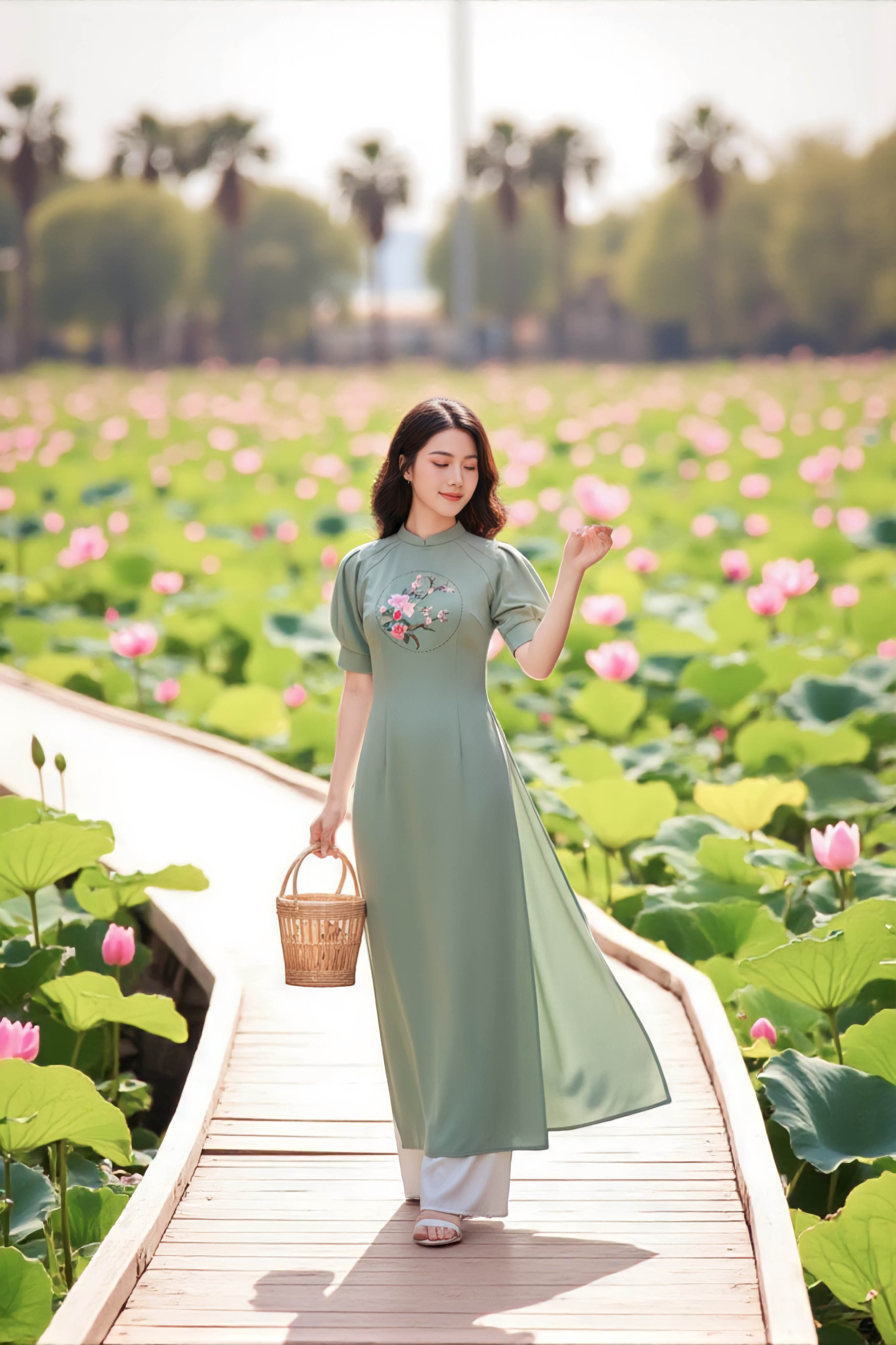 Áo dài cổ tàu tay xếp li thêu thủ công