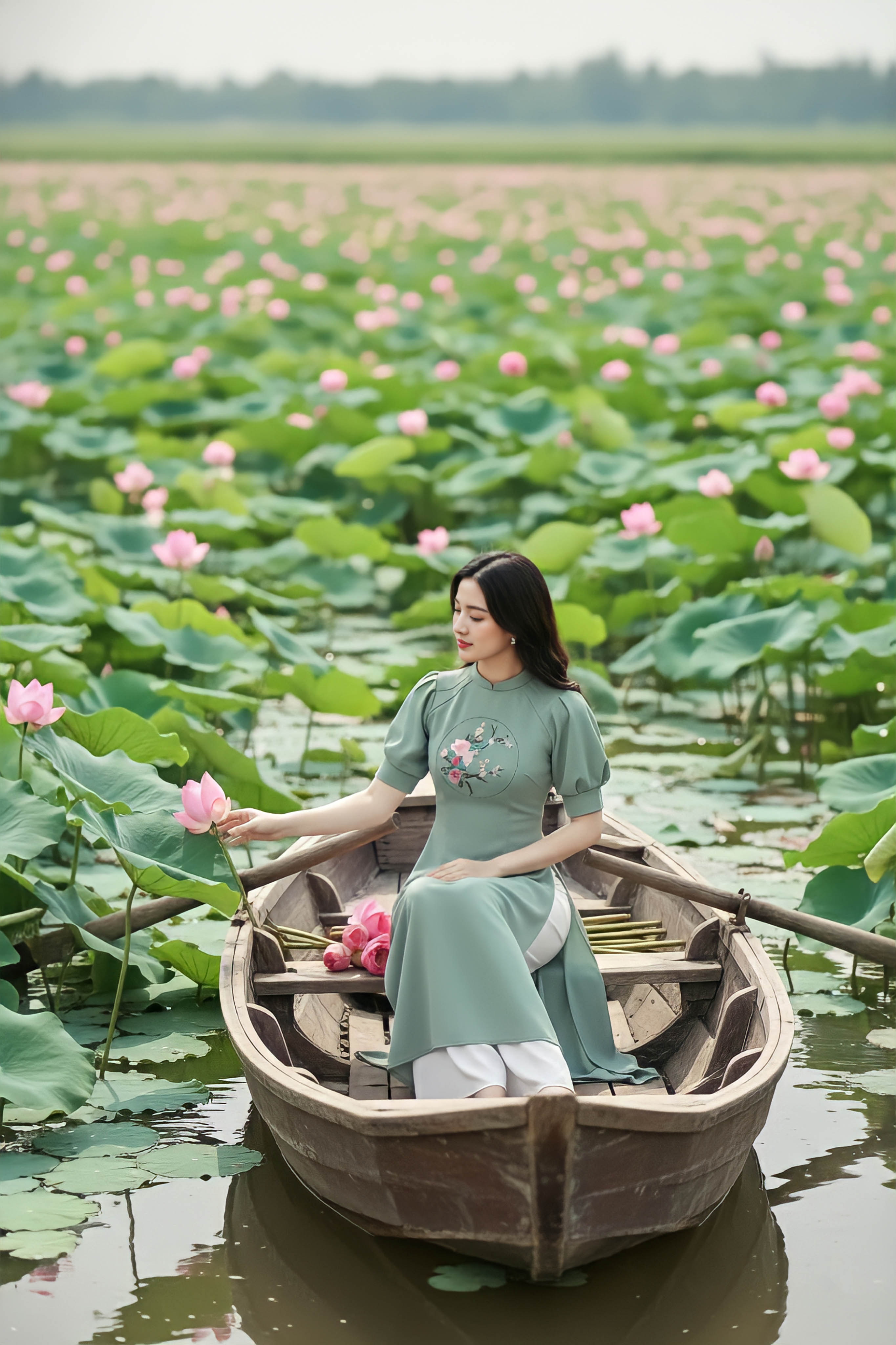 Áo dài cổ tàu tay xếp li thêu thủ công