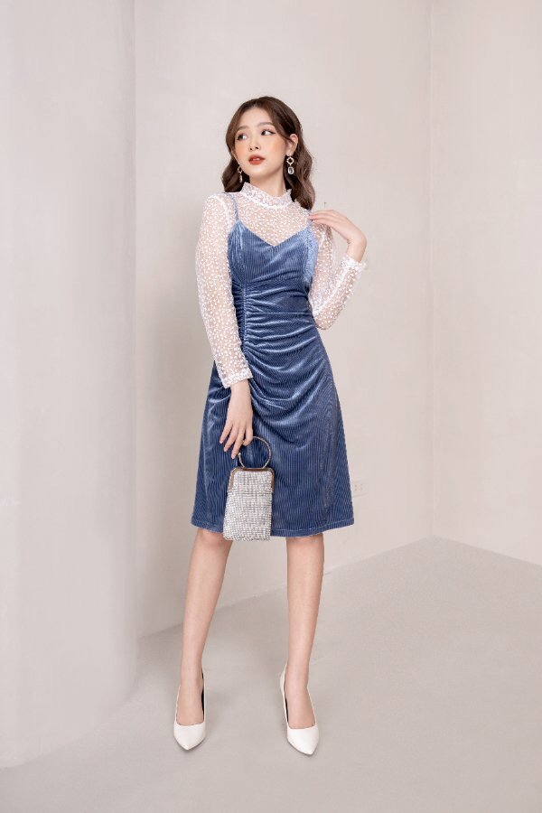 Váy 2 dây nhún thân phối lưới hoa