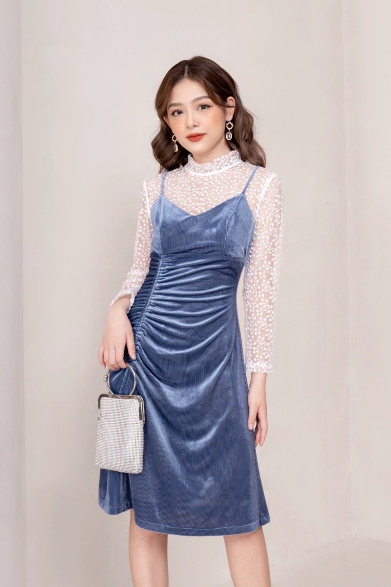 Váy 2 dây nhún thân phối lưới hoa