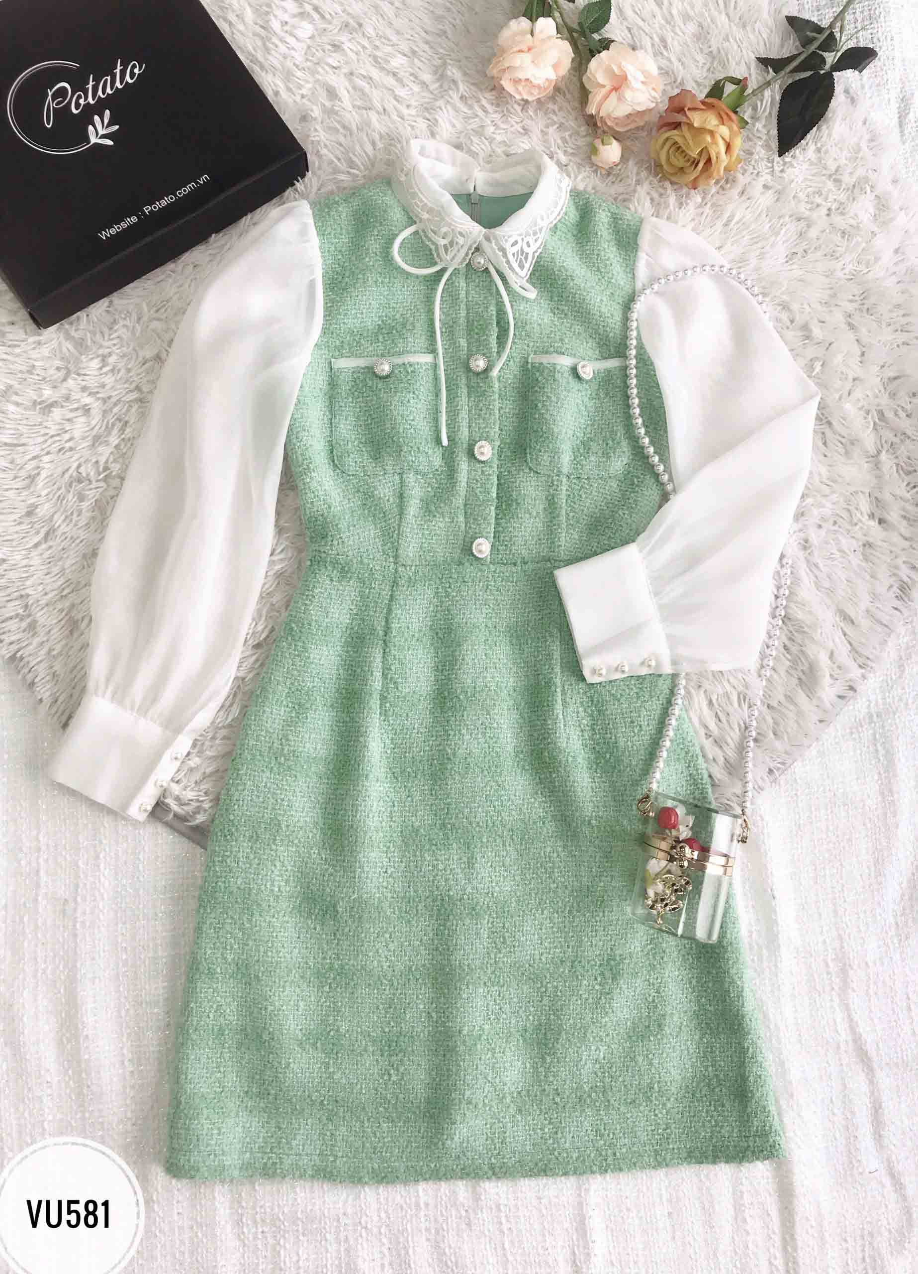 Váy cổ đức ren đính nơ, túi ngực