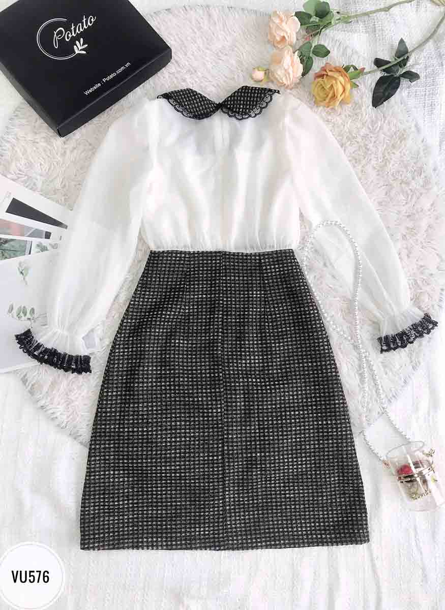 Váy cổ tròn lá cổ phối kẹp ren đính nơ