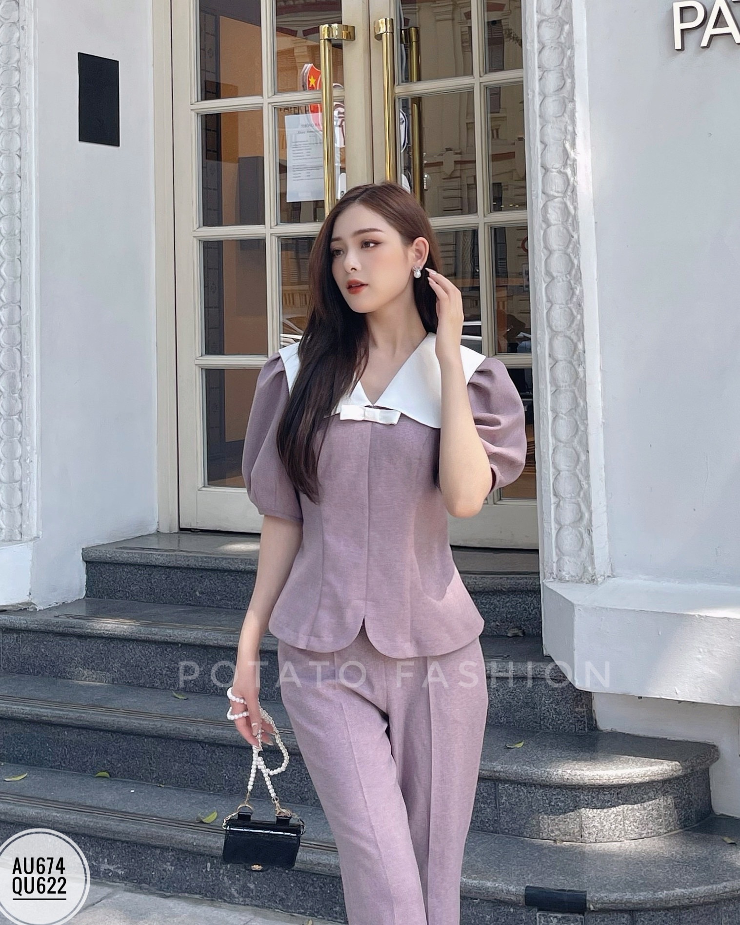 Áo cổ tim lá cổ phối nơ ngực dáng Peplum