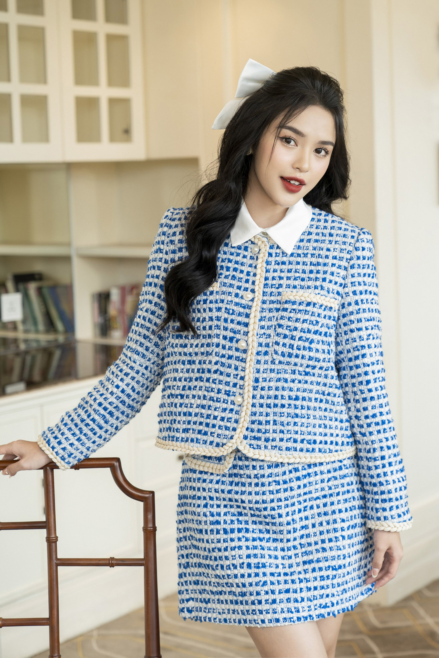 Set vest kẻ caro croptop phối chân váy chữ A LE198