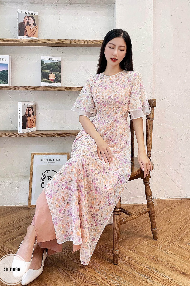 Áo dài cổ tròn tay raglag hai tầng dáng eo