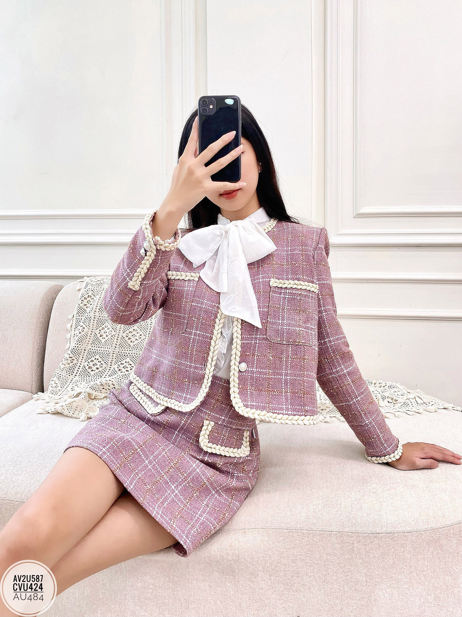 MS1018 Chân váy chữ A dạ tweed Quảng Châu 2 túi đính cúc | Phu Linh -  Fashion & More