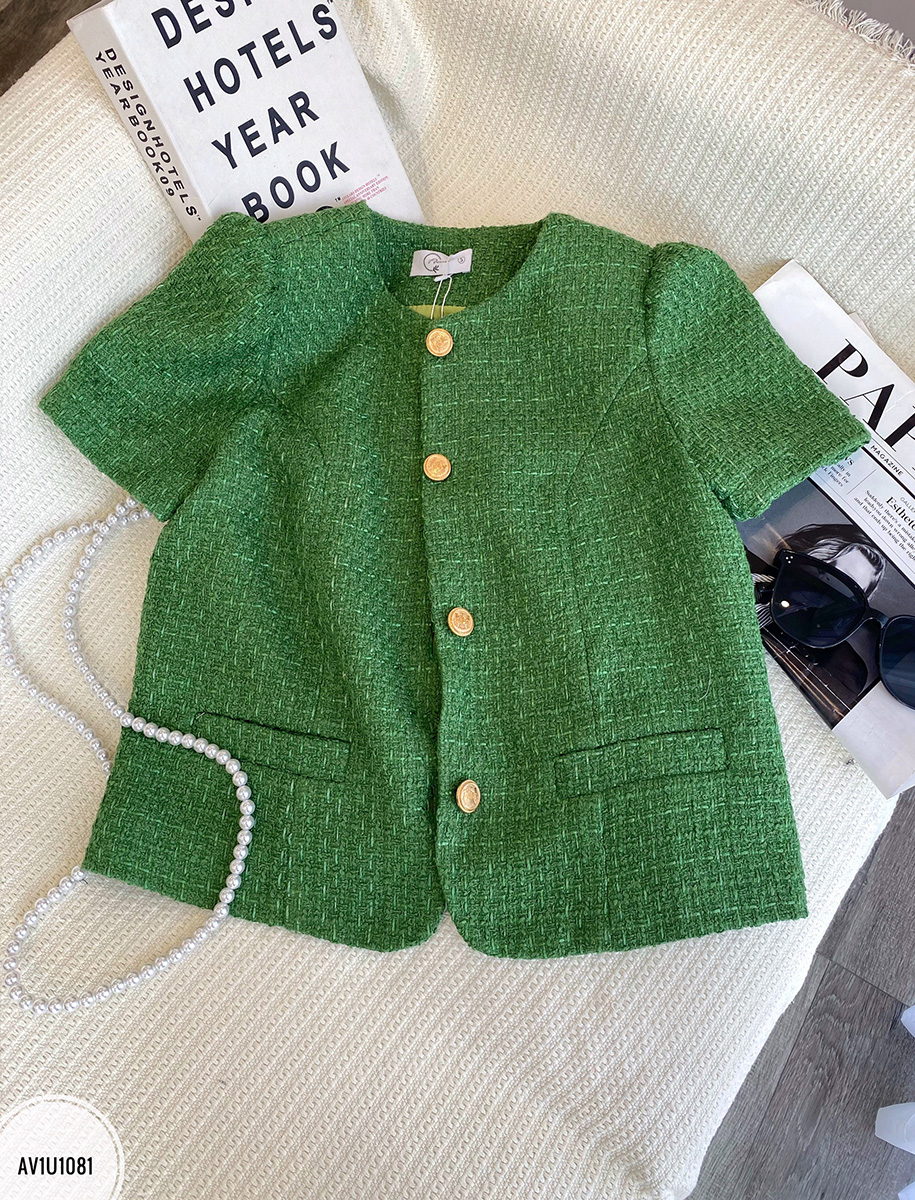 Áo tweed cổ tròn cài cúc vạt tròn tay bồng