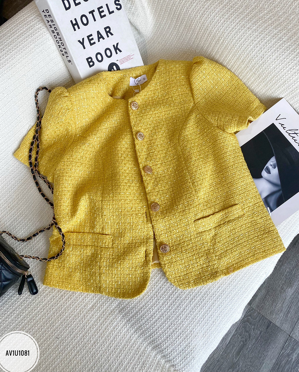 Áo tweed cổ tròn cài cúc vạt tròn tay bồng