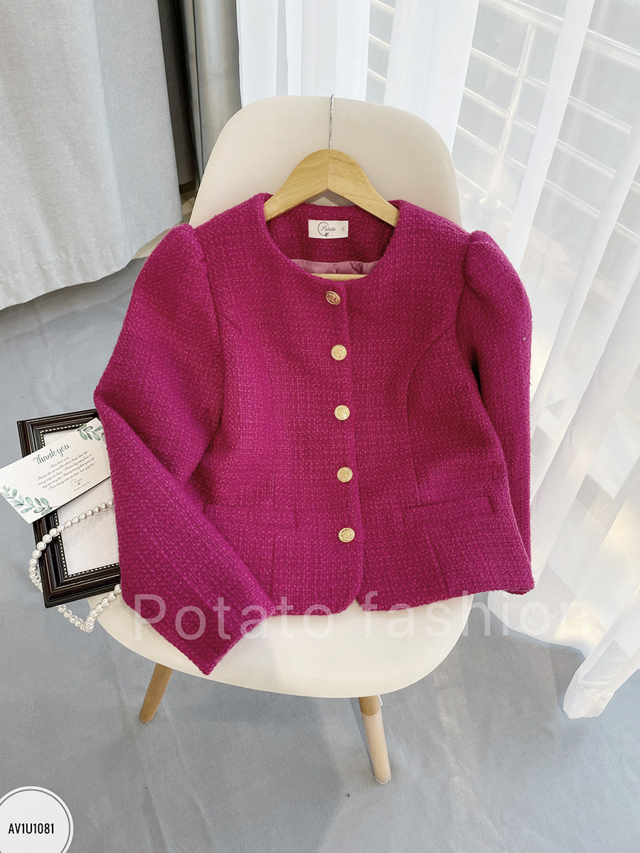 Áo tweed cổ tròn cài cúc vạt tròn tay bồng
