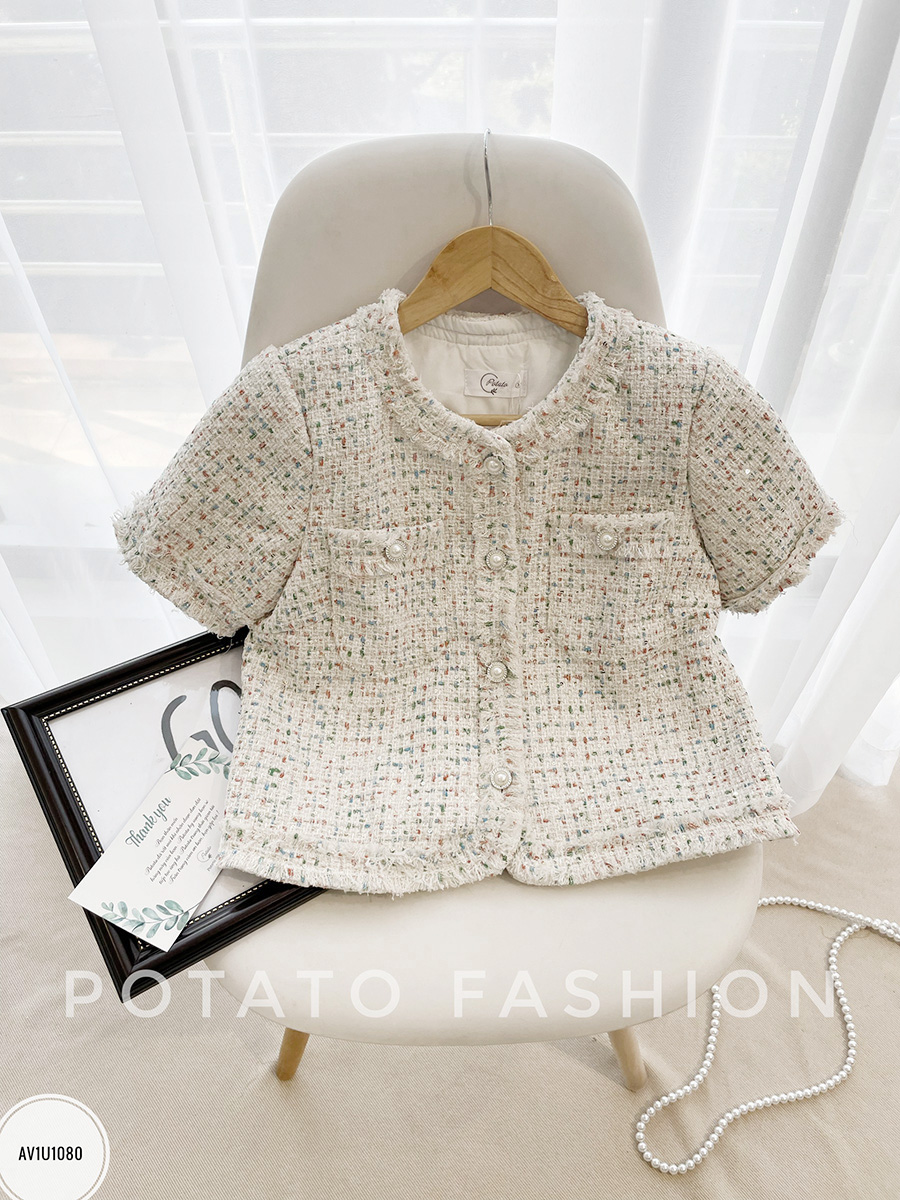 Áo tweed cổ tròn nẹp rút rua, túi ngực