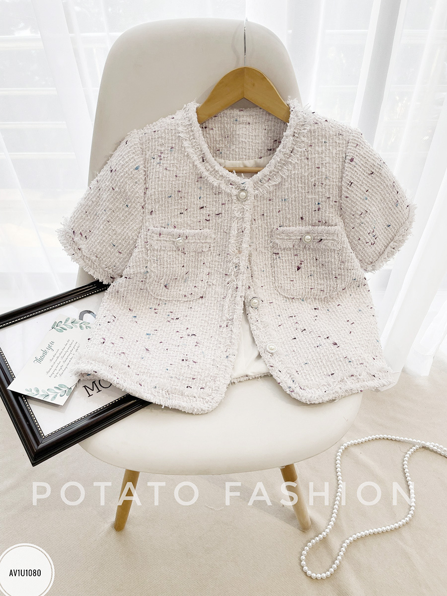 Áo tweed cổ tròn nẹp rút rua, túi ngực