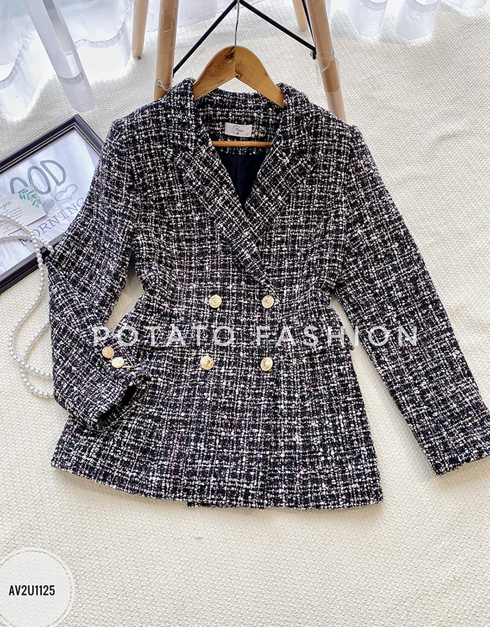 Áo vest tweed cổ bẻ hai hàng cúc dáng dài